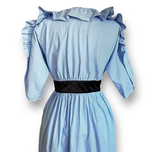 Manoush Womens Dress Sz 42 US 10 Blue White Stripe Ruffle Sleeve Plunge Neckline - Picture 9 of 11
